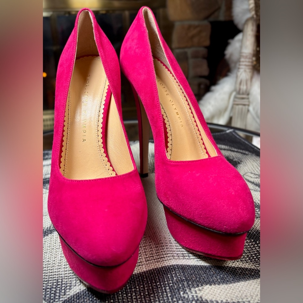 Charlotte Olympia Magenta Suede 1.5” Platform w/ 5.75” Heel, Sz 38.5/8 - Picture 4 of 10